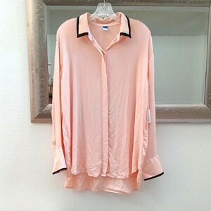 Peach Button-Up Blouse with Black Trim